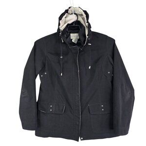 Womens Black White Stage Hooded Jacket Full Zip & Button Up Polyester Size L